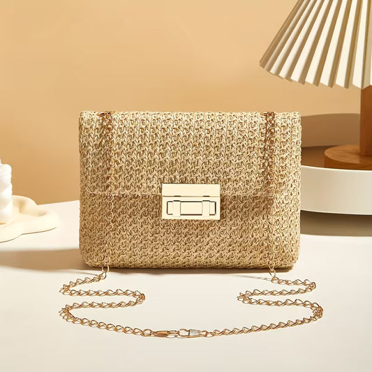 Codzienna torba na ramię, słomkowa z łańcuszkiem