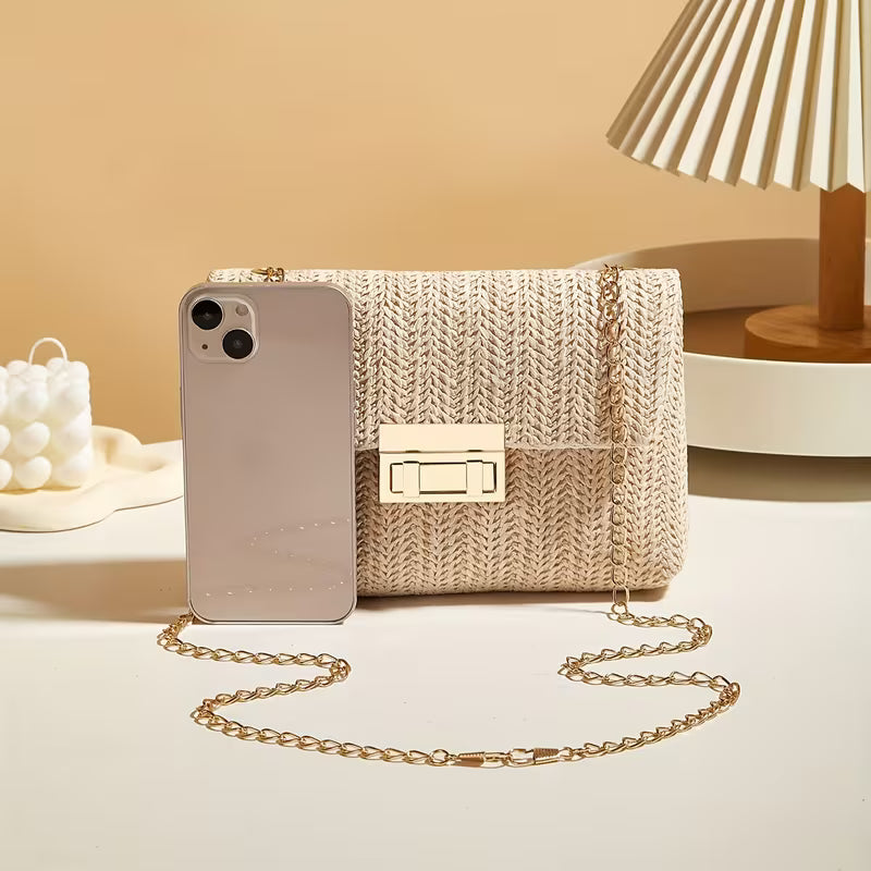 Codzienna torba na ramię, słomkowa z łańcuszkiem